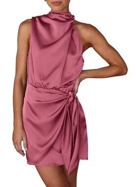 Women Dusty Pink Sleeveless Mock Neck Formal Satin Tie Waist Tank Top Dress